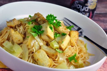 Light Chow mein with braised cabbage and baked tofu